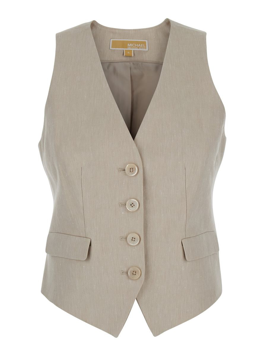 Beige Vest With V Neck In Linen And Cotton Blend Woman