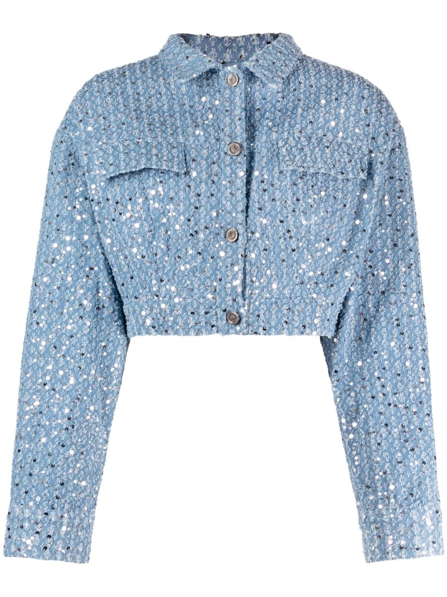 Rotate Birger Christensen Embellished Denim Cropped Biker Jacket
