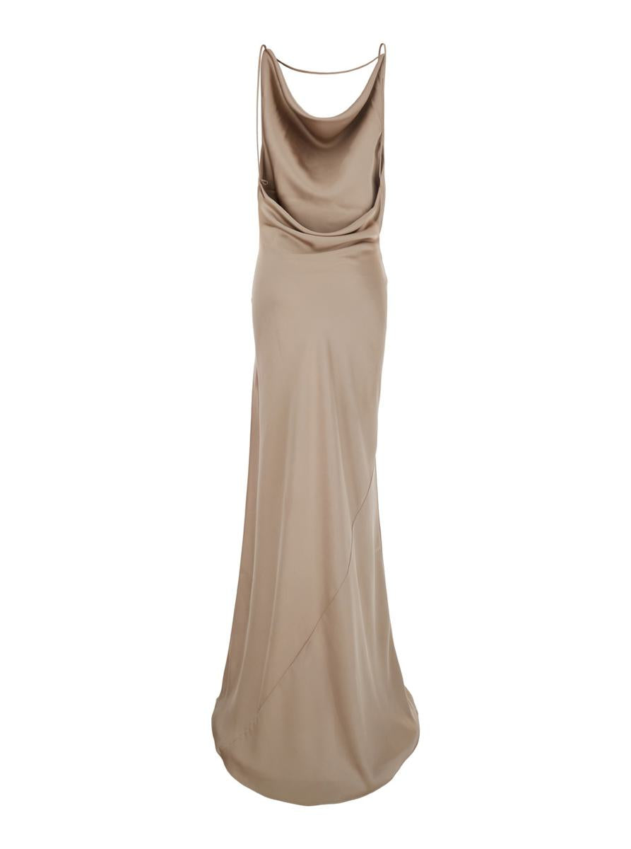'Vera' Beige Long Dress With Cowl Neck And Open Back In Tech Fabric Woman