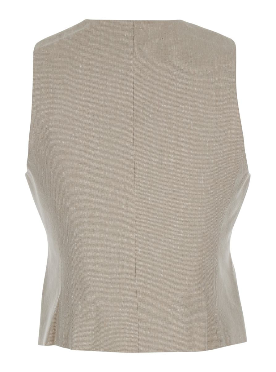 Beige Vest With V Neck In Linen And Cotton Blend Woman