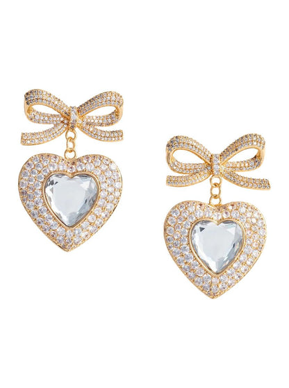 Gold Bow Crystal Heart Earrings