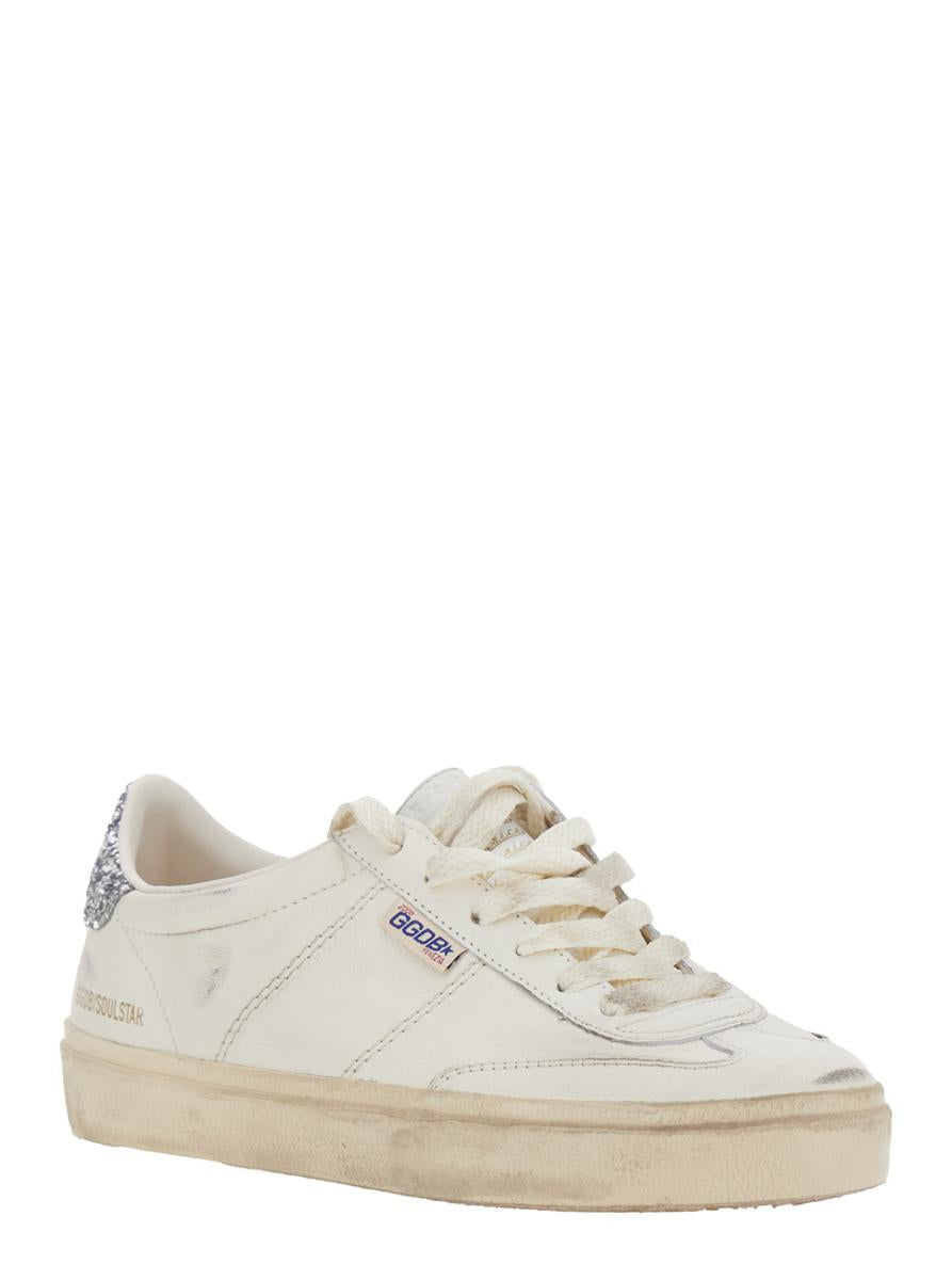 'Soul-Star' White Low-Top Sneaker With Glitter Heel And Logo Lettering In Leather Woman