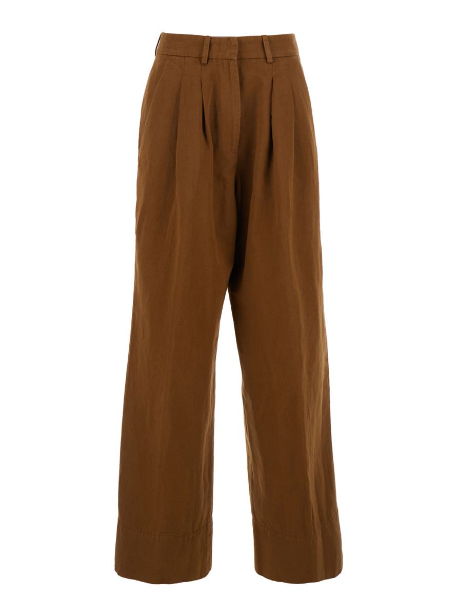 'Frankie' Brown Pants With Belt Loops In Cotton And Linen Blend Woman