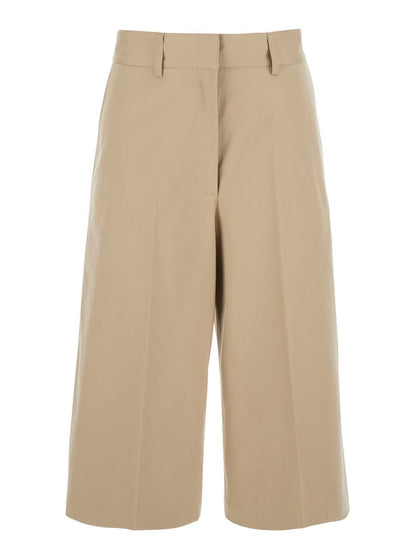 Beige Wide Bermuda Shorts With Belt Loops And Back Pockets In Cotton Woman