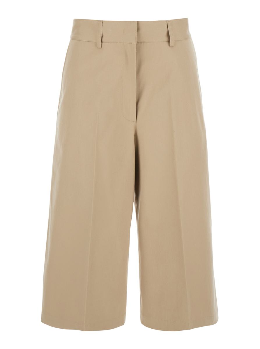 Beige Wide Bermuda Shorts With Belt Loops And Back Pockets In Cotton Woman