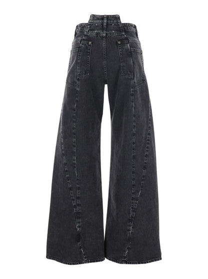 Black Jeans With Wide Leg And Four-Stitch Moniker Logo In Denim Woman