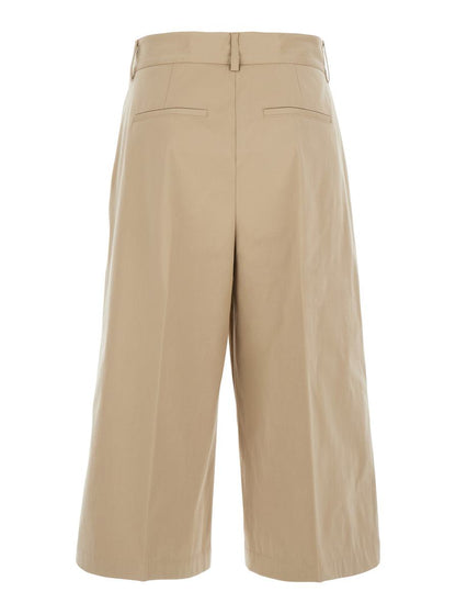 Beige Wide Bermuda Shorts With Belt Loops And Back Pockets In Cotton Woman