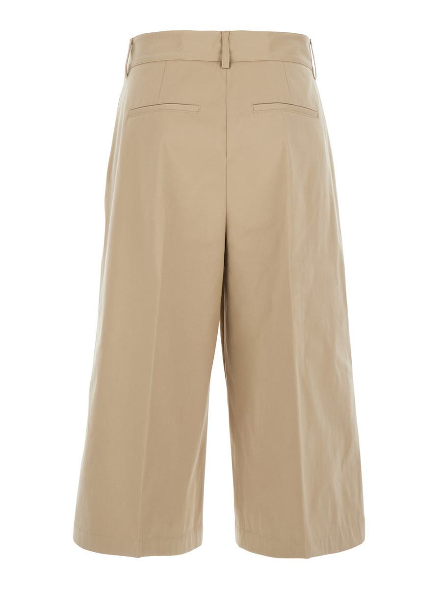 Beige Wide Bermuda Shorts With Belt Loops And Back Pockets In Cotton Woman