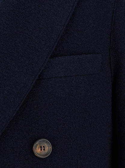 Blue Double-Breasted Coat With Peak Revers In Fabric Man