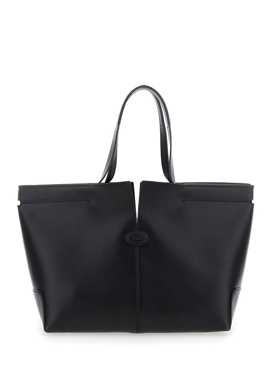 Black Tote Bag With Two Top Handles And Metal Details On The Side In Leather Woman