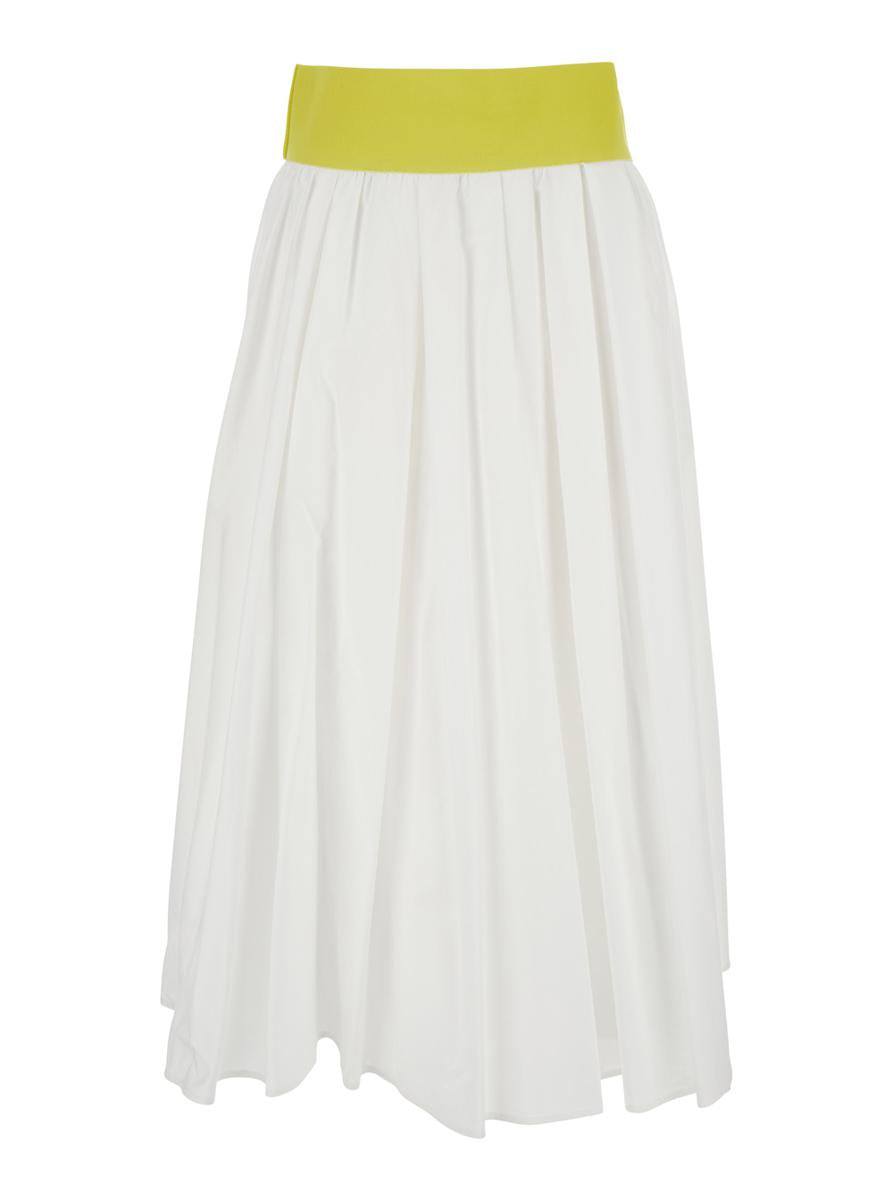 White Skirt With Contrasting Waist And Pleated Details In Fabric Woman