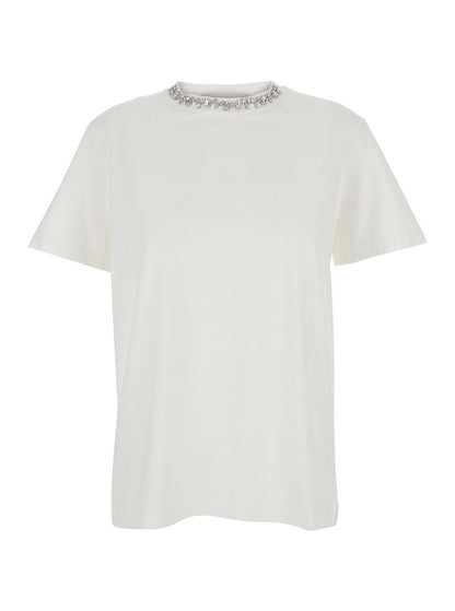 White Crewneck T-Shirt With Rhinestone Embellishments On The Collar And Logo Detail On The Rear In Cotton Woman