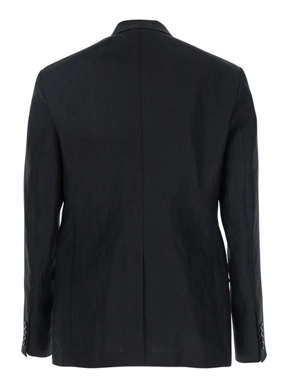 Black Double-Breasted Jacket With Peak Revers In Linen Man