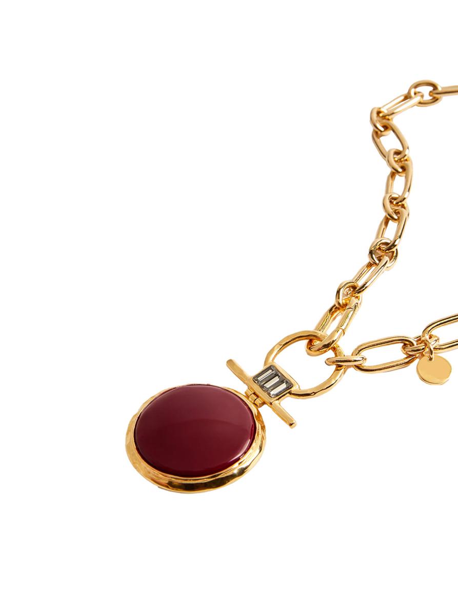 'Energy' Red Necklace With Chain-Link Design And Round Pendant In Brass Woman