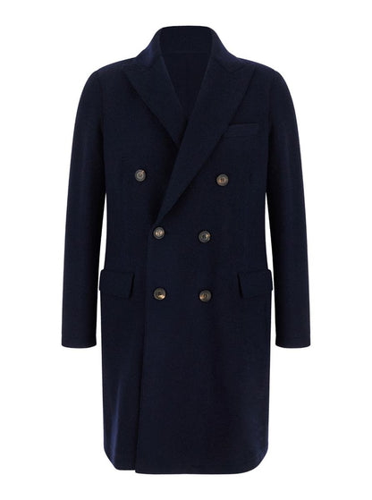 Blue Double-Breasted Coat With Peak Revers In Fabric Man