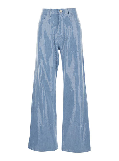 Light Blue Five-Pocket Jeans With All-Over Sequins In Fabric Woman