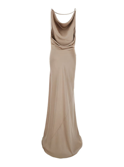 'Vera' Beige Long Dress With Cowl Neck And Open Back In Tech Fabric Woman