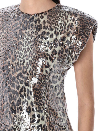 Ganni Leopard Print Sequined Top