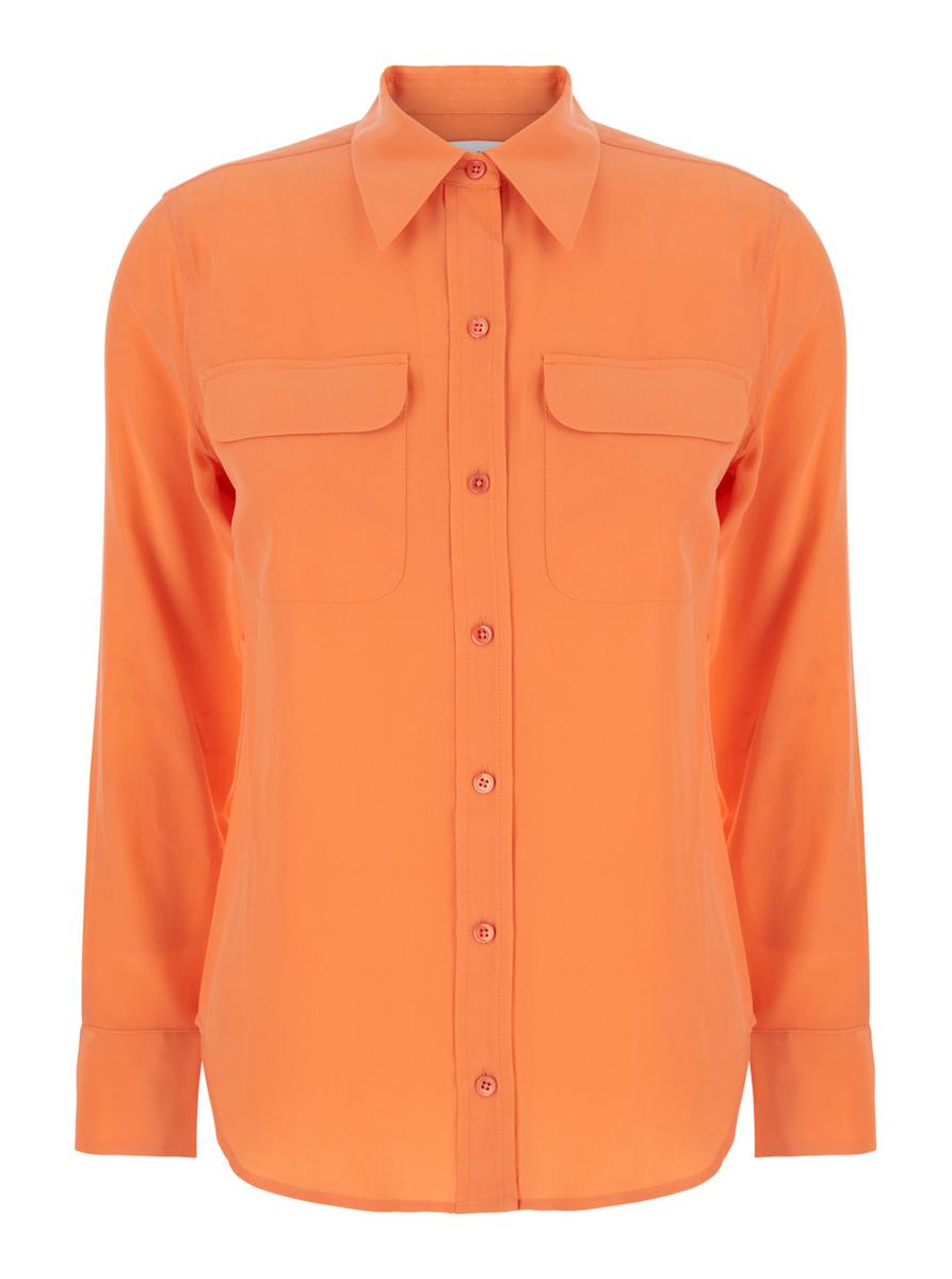 'Signature' Orange Shirt  With  Pointed Collar In Silk Woman