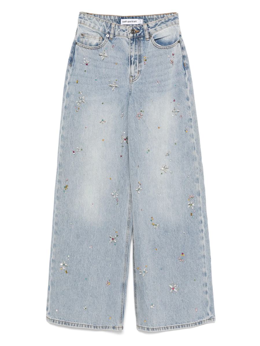 Self-Portrait Light Blue Embellished Wide Leg Jeans Clothing
