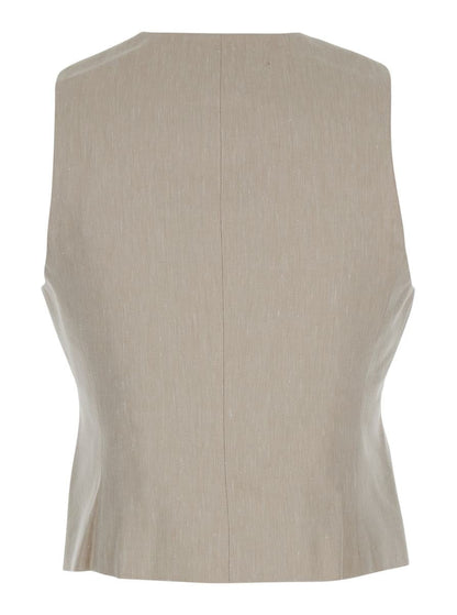 Beige Vest With V Neck In Linen And Cotton Blend Woman