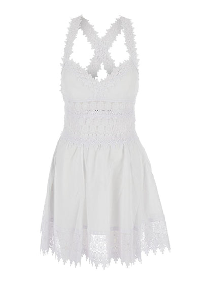 'Marilyn' White Dress With Crossed Straps And Lace Details In Cotton Woman