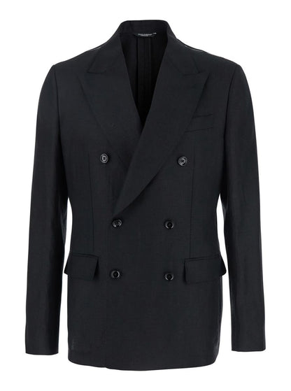 Black Double-Breasted Jacket With Peak Revers In Linen Man