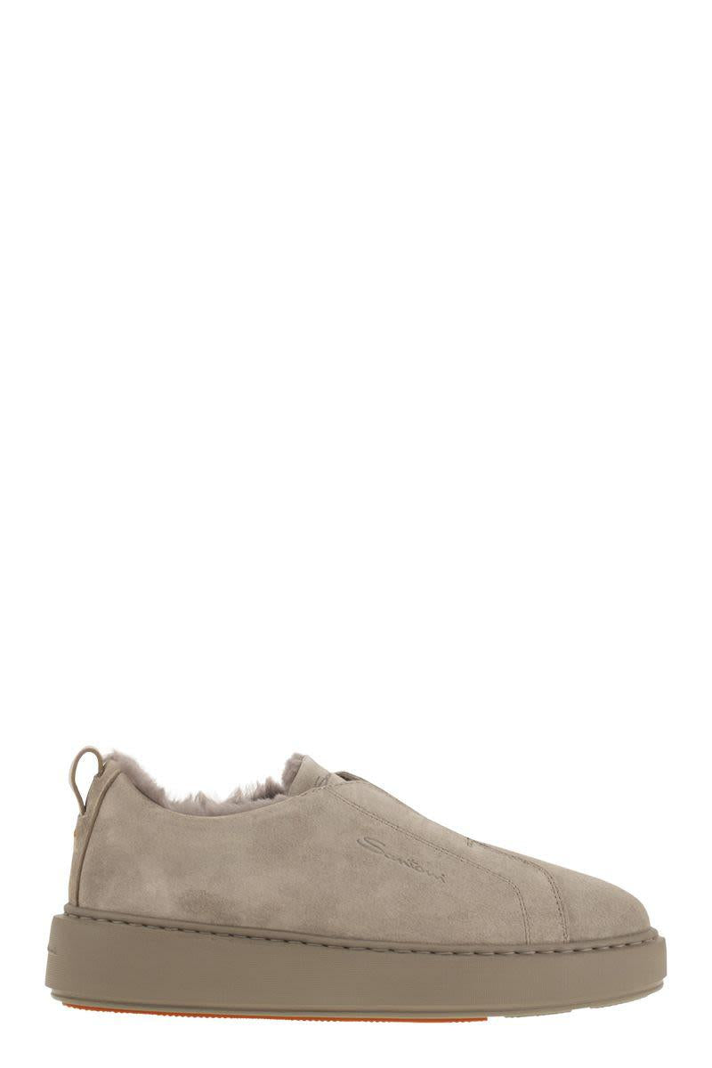 Santoni Slip-On Suede Sneakers With Fur