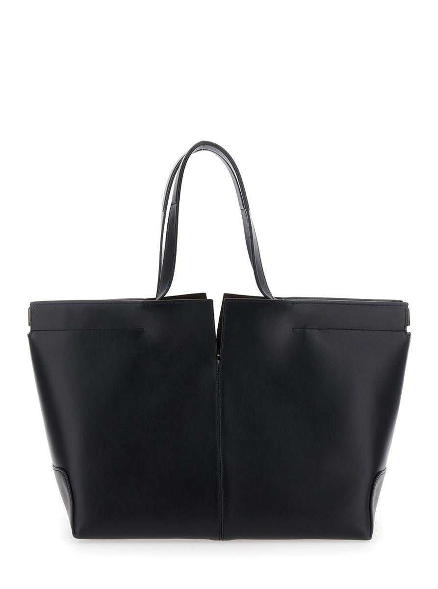 Black Tote Bag With Two Top Handles And Metal Details On The Side In Leather Woman