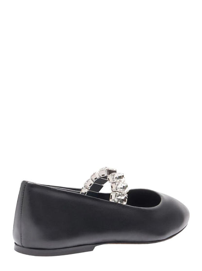 Black Ballet Shoes With Crystal Embellishments In Leather Woman